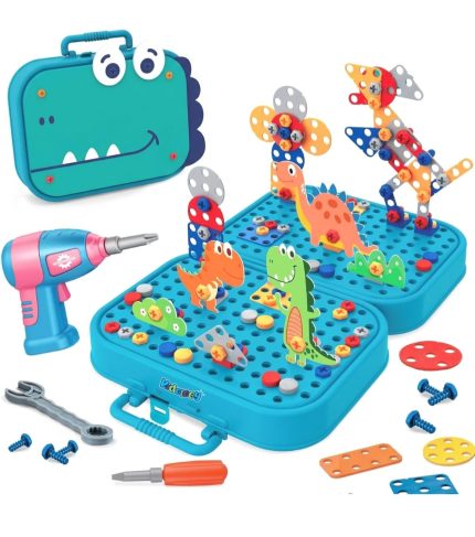 Dianosaur Self Spell Electric Drill Screw Tool Set-Mosaic Puzzle 228pcs- 3D STEM Educational kit for Kids Construction and Building Block Kit