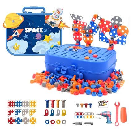 Space Self Spell Electric Drill Screw Tool Set-Mosaic Puzzle 228pcs- 3D STEM Educational kit for Kids Construction and Building Block Kit
